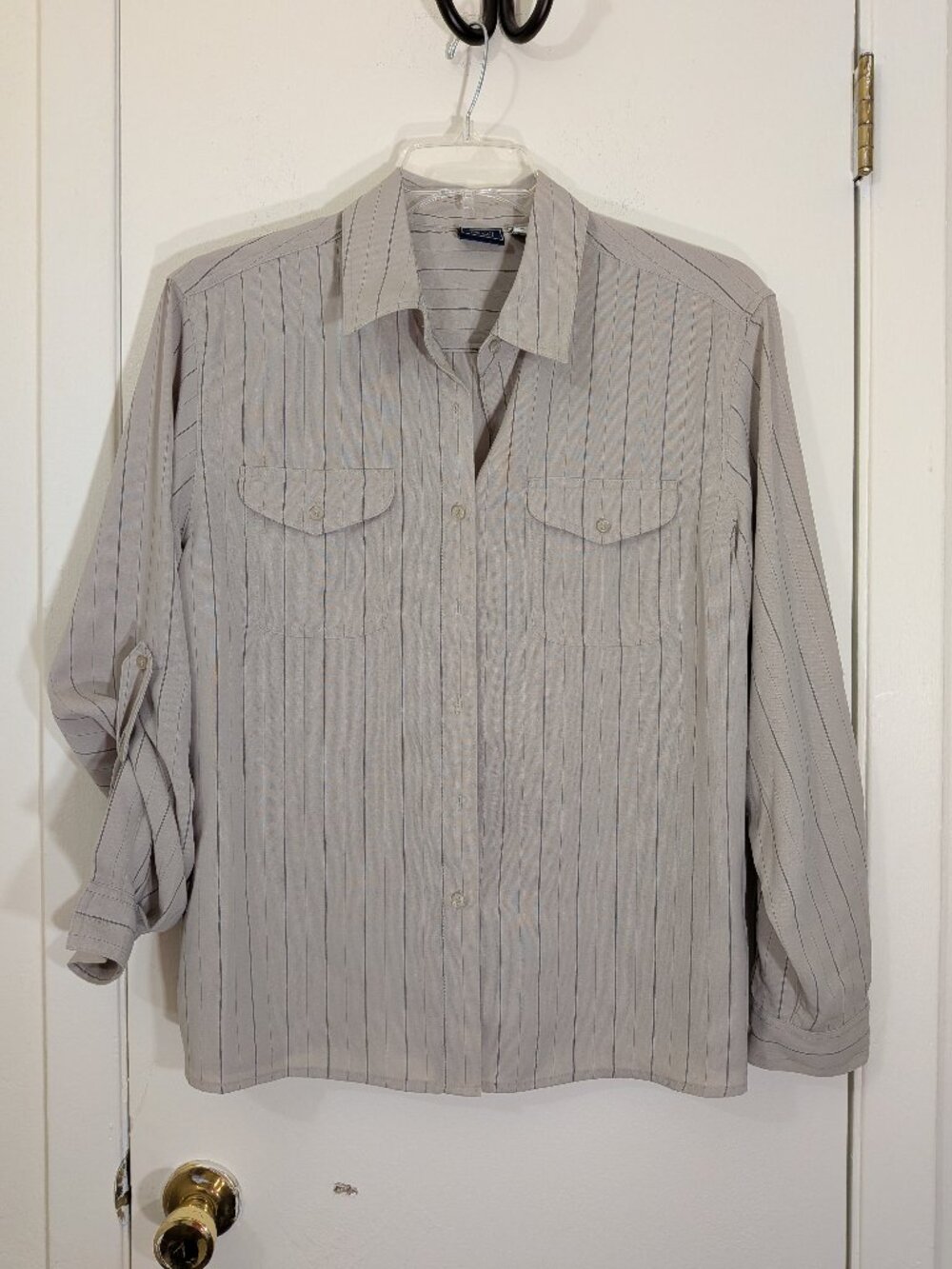 Blouse Laura Scott L Polyester Tan w/ Black Pin Stripe Women Preowned